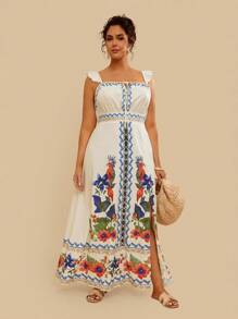 Travachic Plus Size Vintage Floral Print Tie-Up Dress, Casual Holiday Wear For Spring & Summer