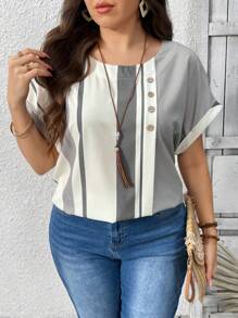 EMERY ROSE Plus Size Women Retro Casual Asymmetrical Striped Patchwork Print Wood Button Decor Shirt - White - View 3