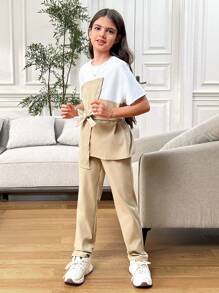 SHEIN Leap Crew 青少年女孩都市時尚春夏短袖拼接上衣和褲子套裝 - 卡其色 - 查看 2