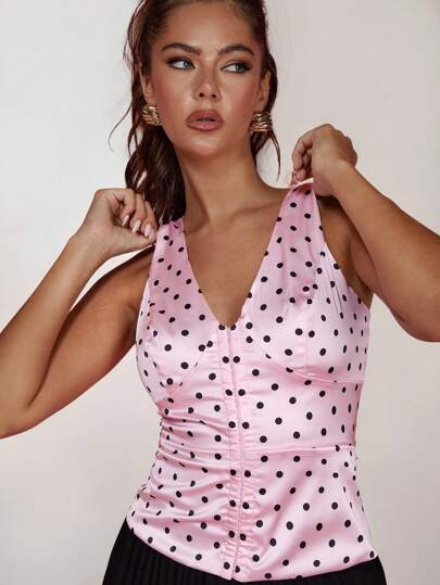 COSMINA Women's Black Polka Dot V-Neck Fashion Tank Top, Elegant For Formal Occasions