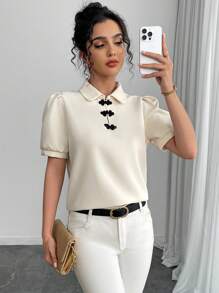 SHEIN Unity Retro Chinese Style Button Decor Short Sleeve Shirt - Apricot - View 4