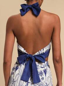 Travachic Patterned Open Back Tank Top, Minimalist Fashion Casual Daily Wear - Blue and White - View 2