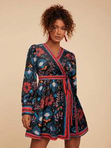 Travachic Váy sơ mi họa tiết hoa tay dài cho nữ, váy - màu đen - Xem 4