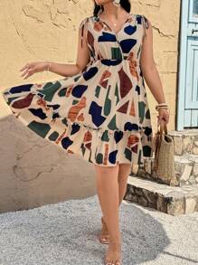 SHEIN VCAY Plus Size Color Block Print Dress With Drawstring Shoulders Western Graphic Off The Shoulder Ruffle Teacher Outfits For Women Spring  Summer Clothes Rave Outfits Boho Chic Cottagecore Tropical Vacation Woman Clothes Beach Outfits For Woman Cute Old Money Tropical Vacation Woman Clothes European Summer Bohemian Rave Outfit Textured Pattern - Multicolor - View 3