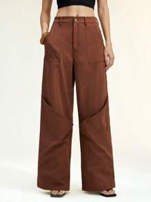 SHEIN Unity Women's Fashion Loose Casual Wide Leg Pants, Cargo Pants, Brown Color Summer For Women Fall For Women - Coffee Brown - View 3
