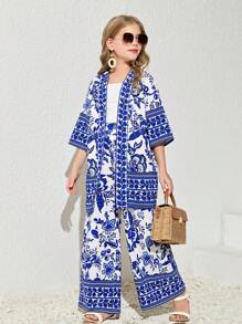 SHEIN Tween Girl 1pc Bloemenprint Kimono & 1pc Broek