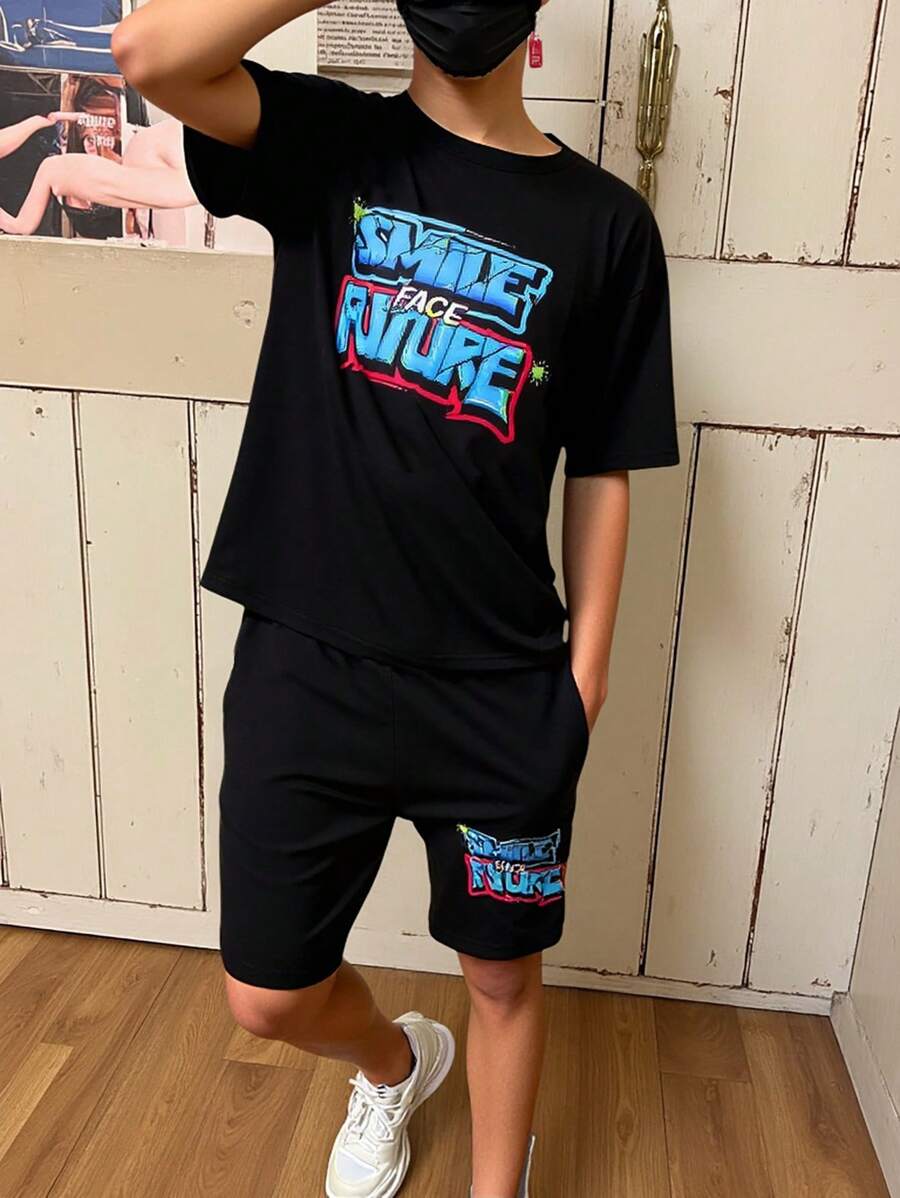 2pcs/Set Teens Boys Cartoon Game Letter Print Round Neck T-Shirt And Sports Shorts Set - Black - View 1