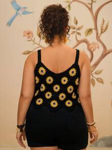 Travachic Retro Plus Size Floral Crochet Black Spaghetti Strap Top, Vacation Casual Summer Blouse For Women - Multicolor - View 2