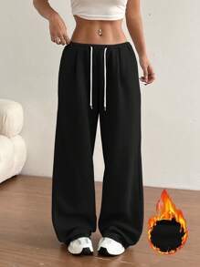SHEIN Unity Light Grey Casual, Sports, Street, College Plus Fleece, Straight Tube, Low Waist, Insert Pockets, Drawstring, Elastic Waist, Loose Casual, College, Daily, Sports Women's Sweatpants 1 Piece - Black - View 1