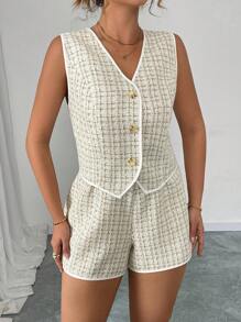 Elenzga Eleganter Damen-Hosenanzug in Große Größen mit V-Ausschnitt, ärmellos, mit schlankmachendem strukturiertem Tweed-Shorts