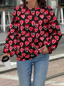 SHEIN LUNE Women Casual Heart Pattern Round Neck Loose Sweatshirt, Suitable For Autumn And Winter - Black - View 5