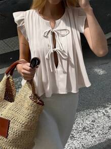 SHEIN Frenchy Blusa de mujer de manga corta con pliegues y cordones delanteros, de estilo casual y sencillo, para uso diario en verano - Albaricoque - Ver 1