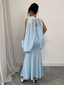 Elenzga 2pcs/Set Figure-Hugging Camisole Dress & Exaggerated Sleeve Top - Blue - View 2