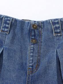 SHEIN Denimly Tween Girl 复古休闲都市学院风水洗深蓝色松紧腰阔腿七分裤 - 深色水洗藍 - 查看 8