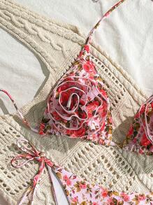 SHEIN Swim 2pcs Ditsy Floral Halter Neck Triangle Bikini Swimwear Set, Sweet Spring Break/Vacation Style, Summer Beach - Multicolor - View 6