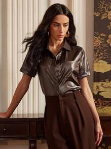 Anewsta Elaire Old Money Elegant Satin Short Sleeve Blouse For Women, Modest, Suitable For Spring/Summer - Brown - View 1