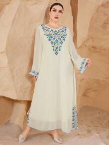 Al Najma Plus Size Embroidered Arabic Long Sleeve Round Neck Long Kaftan Dress,Modest - Apricot - View 6