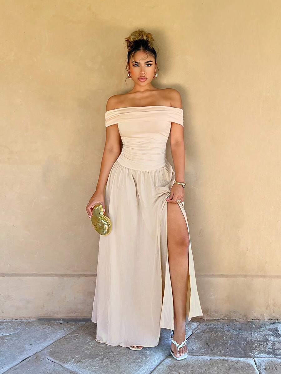 Zolique Damen Off-Shoulder Kleid mit hohem Schlitz am Saum, sexy