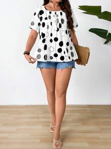 SHEIN LUNE Plus Size Women Geometric Print Round Neck Short Sleeve Button Design Casual Shirt - White - View 5