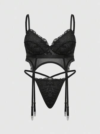 Goth Conjunto de lencería sexy de sujetador con aros y tanga con bordado floral gótico oscuro en tallas grandes