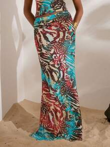 Opulessa Jupe maille imprimée taille haute ourlet sirène pour femmes