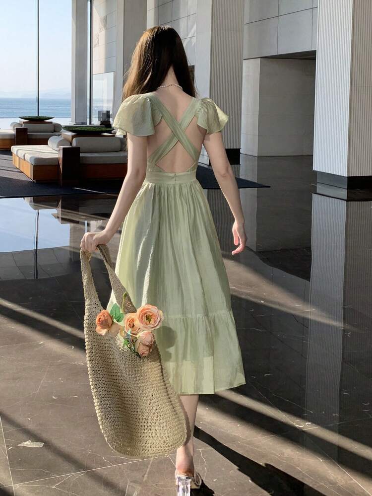 Women's Summer New Waist-Cinched Elegant Dress, Beach Vacation Open Shoulder Long Dress,Casual Women Dresses Easter