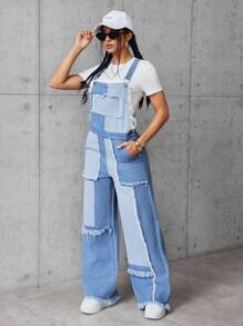 SHEIN EZwear Women's Solid Color Splicing Wide Strap Pocket Casual Denim Bib Pants - Blue - View 5