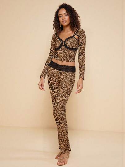 SU DURA Ensemble sexy de Top à manches longues en dentelle transparente et mesh imprimé léopard et pantalon. Tenue pour mob wife, festival, rave