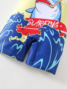 SHEIN 1 Piece Young Boy Casual Sports College Street Cute Vacation Short-Sleeved One-Piece Swimsuit With Large Pattern Suitable For Back To School Suitable For On Vacation Swimming Suitable For Daily Use Suitable For School Suitable For Travel Suitable For Sports Suitable For Spring And Summer Seasons - Yellow - View 4