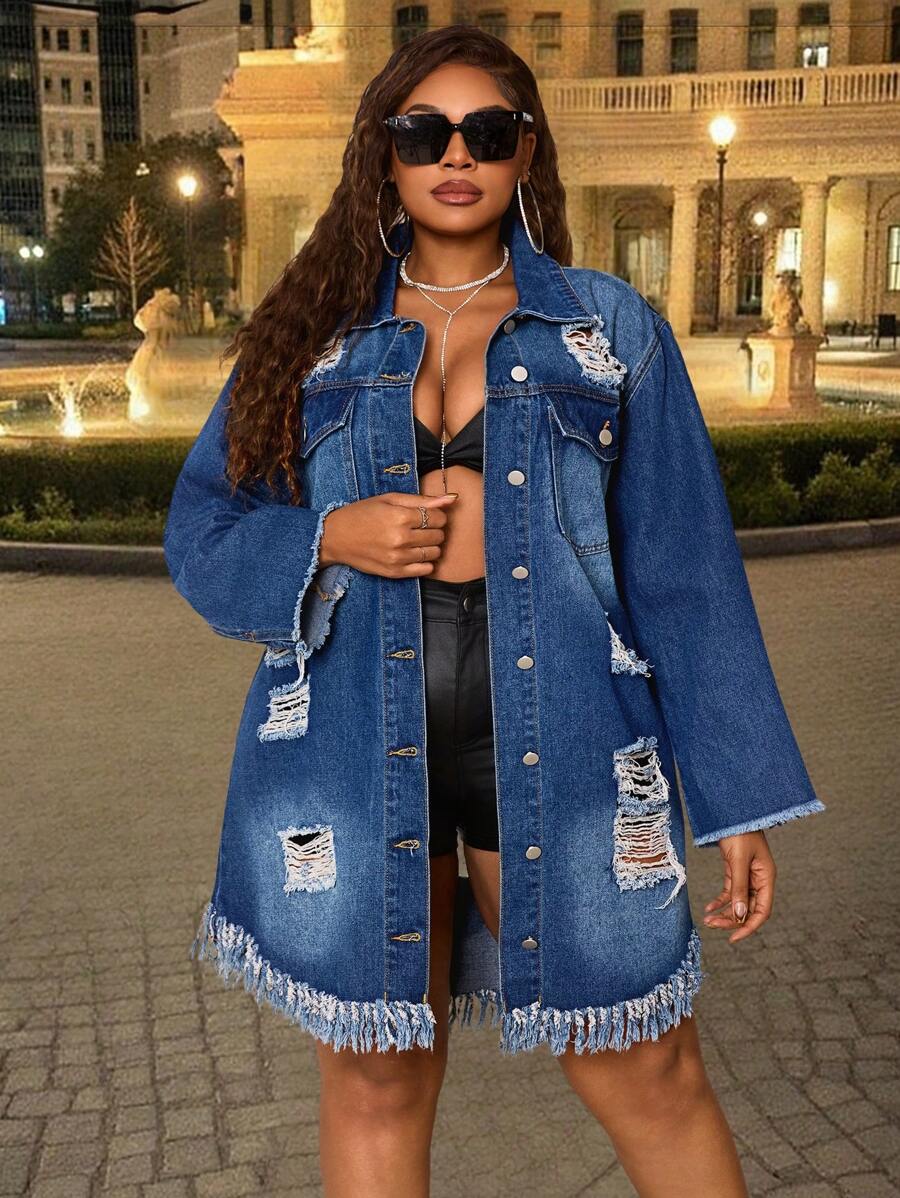 SHEIN SXY Plus Size Women Blue Denim Jacket, Personalized Distressed Frayed Hem, Stretchy - Blue - View 1