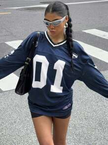 Muchica Women's New Digital & Letter Print Football T-Shirt, Back To School Clothing, Suitable For Daily Wear - Royal Blue - View 5