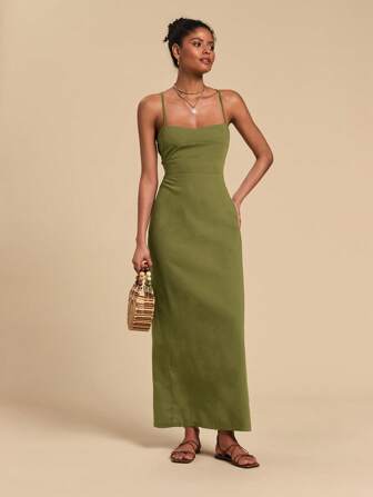 SHEIN x Lina Travachic Women's Cross Strap Spaghetti Strap Long Dress