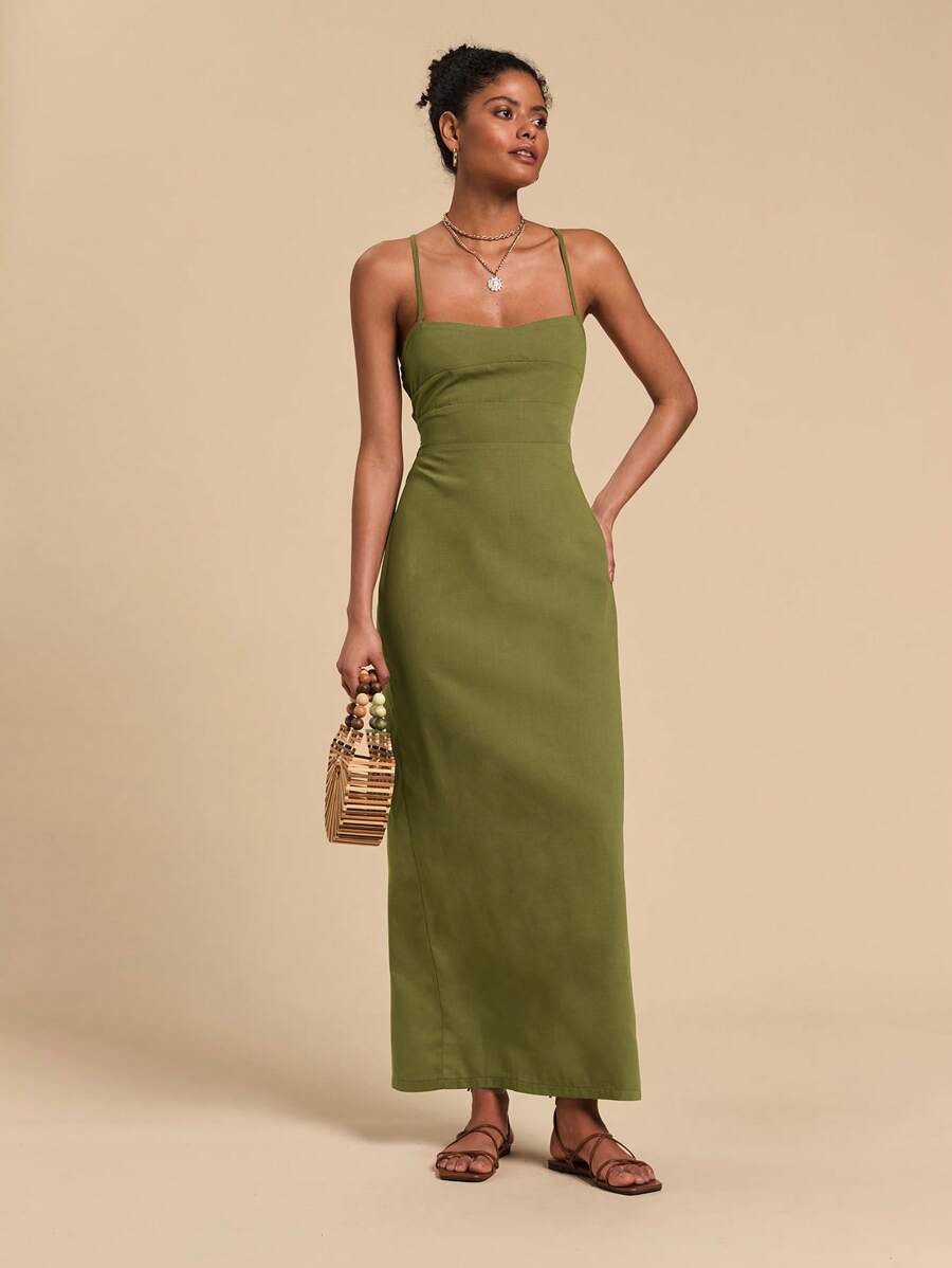 SHEIN x Lina Travachic 女士交叉肩带细肩带长连衣裙 - 紅色 - 查看 1