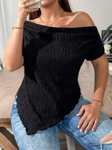 SHEIN Essnce 大码女式春夏时尚休闲舒适日常黑色纹理面料露肩修身短袖 T 恤，适合夏季女士、狂欢、曲线上衣、工作上衣、演唱会女式上衣 - 黑色 - 查看 5