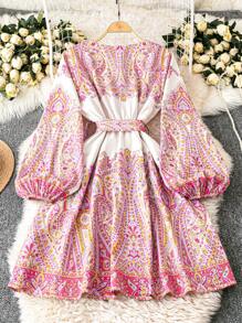 SHEIN Clasi Resort Paisley Print Balloon Sleeve Dress