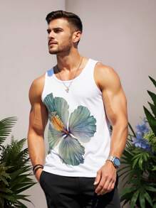 Manfinity RSRT Fashion Casual Holiday Style Watercolor Tropical Plants And Flowers Digital Print Pattern Code Men's Fitted Straight Shoulder Tank Top Suitable For Summer Outdoor Vacation Dating Party Wear Suitable For Couples Wear Suitable For Boyfriend Gift - Multicolor - View 12