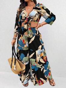 SHEIN Clasi 2pcs Plus Size Women Boho Casual Cropped Plant Print Top And Wide Leg Pants Co-Ord Set, For Summer - Multicolor - View 8