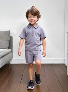 SHEIN Young Boy Letter Badge Short Sleeve Casual Polo Shirt T-Shirt + Shorts Two-Piece Set - Grey - View 7