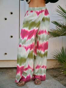 Maija Pantalones palazzo bohemios de mujer para vacaciones de primavera, con estampado de teñido anudado y bajo asimétrico