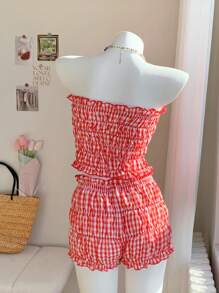 Comfortcana Ensemble pour femme top brassière à carreaux rouges et shorts