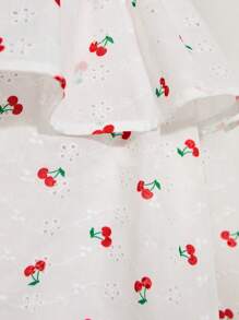 SHEIN 白色年轻女孩樱桃图案荷叶边下摆双层连衣裙 - 米色 - 查看 6