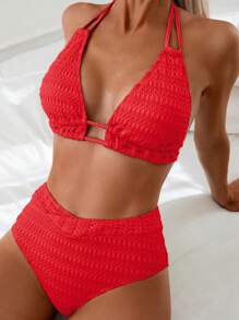 Swim Chiccia 女士纯色简约比基尼上衣和下装泳装套装 - 紅色 - 查看 3