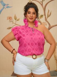 Travachic 复古大码假日休闲波西米亚风玫瑰红色不对称肩领荷叶边袖宽松女式上衣衬衫 - 玫紅色 - 查看 6