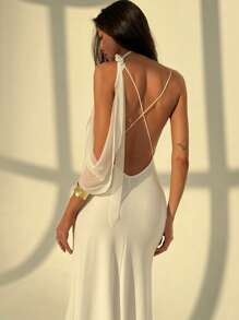 Aloruh 女士婚礼派对露背连衣裙，性感吊带 V 领花卉图案 - 白色 - 查看 3