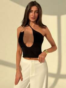 Aloruh Blusa asimétrica sexy con escote en V profundo y espalda descubierta, ajustada para mujeres