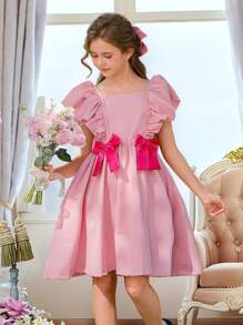 Wildeya Tween-Mädchen Elegantes, kurzes Kleid mit Blumendruck und Rüschen und Schleife, geeignet für Sommer und Frühling, ideal für Partys und den Urlaub