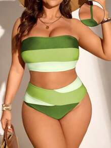 SHEIN Swim Curve 2 件套大码女式拼布条纹吊带短款上衣和短裤假日休闲泳装套装