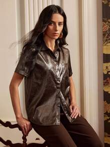 Anewsta Elaire Old Money Elegant Satin Short Sleeve Blouse For Women, Modest, Suitable For Spring/Summer - Brown - View 6