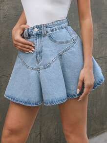 RueChic WOMEN MID WAIST FLOUNCE DETAIL DENIM SKIRT - Light Wash - View 3