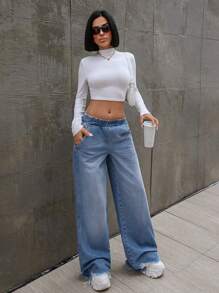 EURMUSE Casual Washed Low Waist Frayed Hem Straight Leg Jeans - Medium Wash - View 4